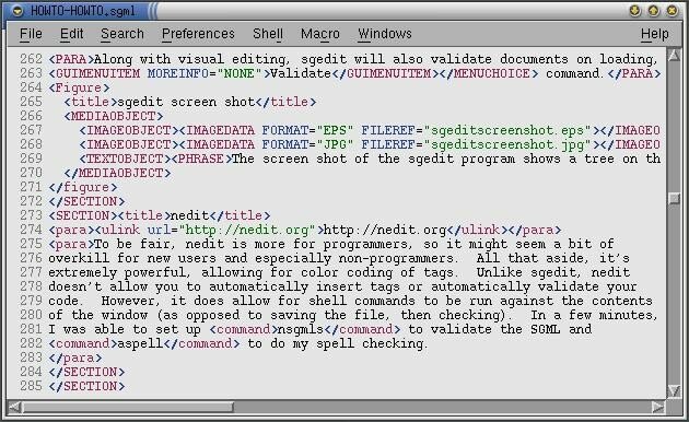 The nedit program can provide line numbers across the left side of the screen, handy for when nsgmls complains of errors